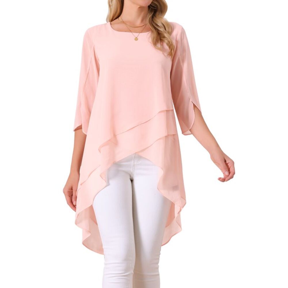 Scoop Neck Chiffon Blouse Asymmetrical Shirt 3/4 Sleeve Casual Tops Pink